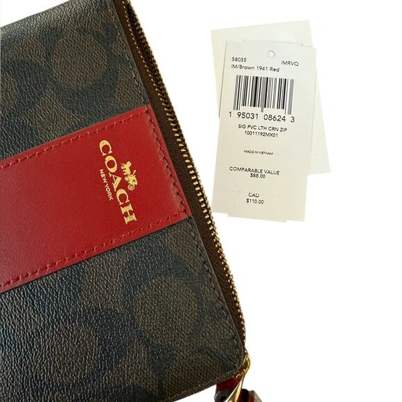 NWT Coach Corner Zip Wristlet in Signature Canvas - Gold/Brown 1941 Red - Picture 6 of 7